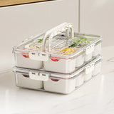Snack box organizer with removable divided tray showing inner storage compartments