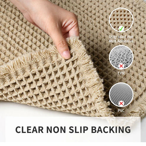 Minimalist brown microfiber waffle bath mat flat lay product photo