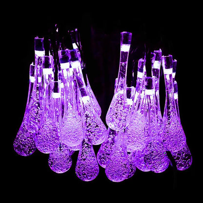Solar crystal water drop string lights purple and warm white outdoor
