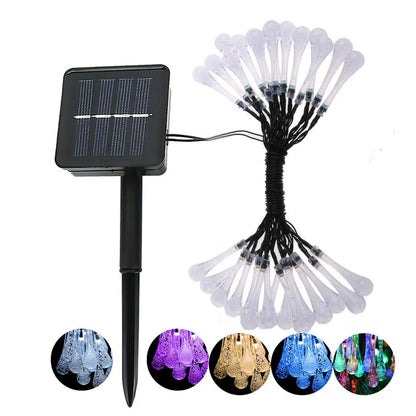 Solar crystal water drop string lights color options blue pink purple white