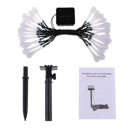 Solar water drop string lights package contents with garden spike