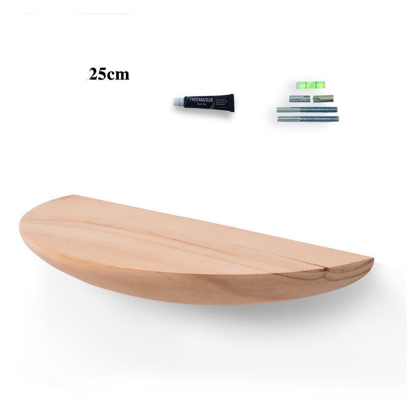 25cm solid wood wall shelf used in a bathroom to hold small bottles and plants