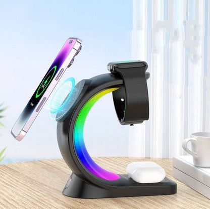 Splendas 4 in 1 magnetic wireless charger station with iPhone placed on charging pad