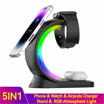 Splendas 4 in 1 magnetic wireless charger showing RGB atmosphere light colors cycling