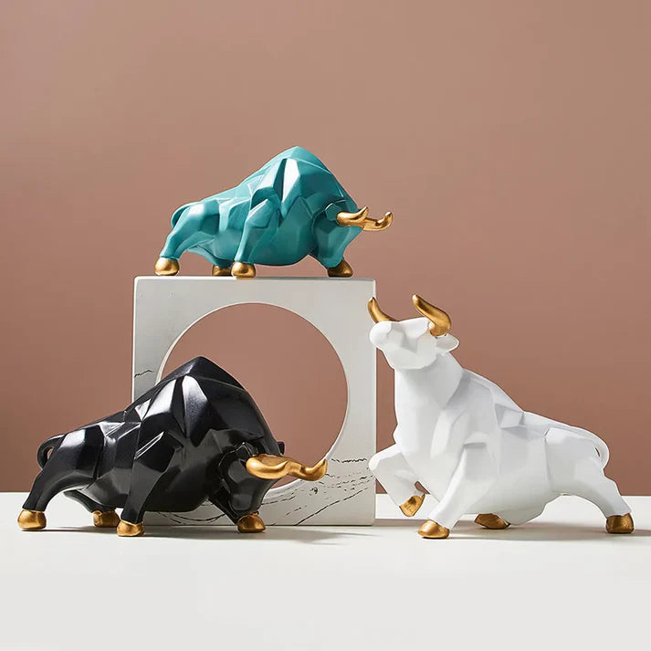 Splendas abstract geometric bull resin sculpture in green color variant display