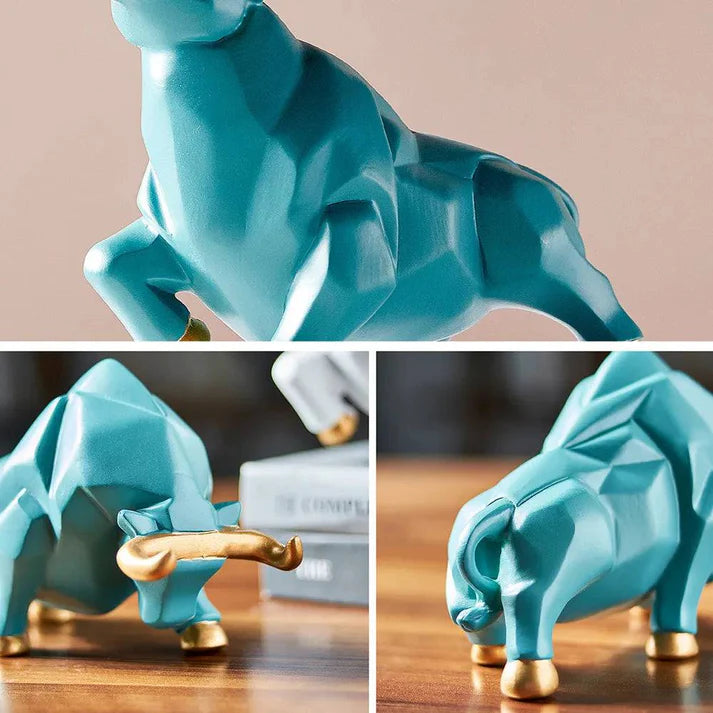 Splendas abstract bull resin sculpture large size styled in home office lifestyle display