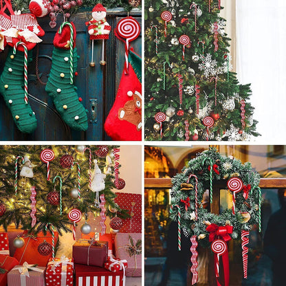 Splendas Christmas candy cane decoration pendants in full festive tree setup display