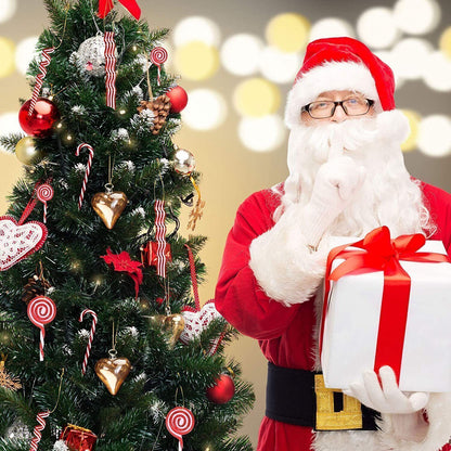 Splendas Christmas candy cane tree decoration displayed with Santa Claus figure