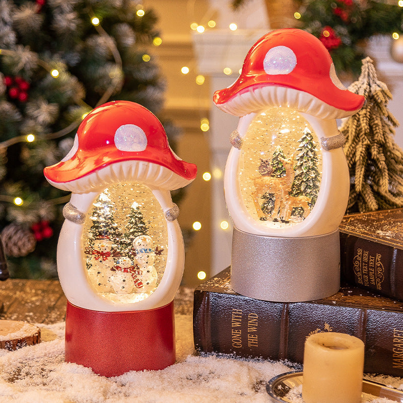 Splendas Christmas mushroom snow globe music box both deer and snowman variants display