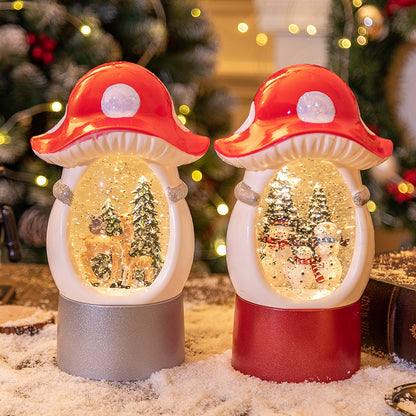 Close up detail of Splendas Christmas mushroom snow globe deer scene with LED glow