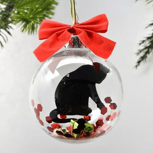 Splendas Christmas transparent ball hanging ornament with black cat scene and red bow display