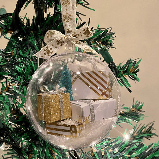 Splendas Christmas transparent ball hanging ornaments shown in multiple scene layout variants