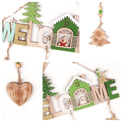 Splendas wooden Christmas welcome sign ornaments all three styles flat lay display