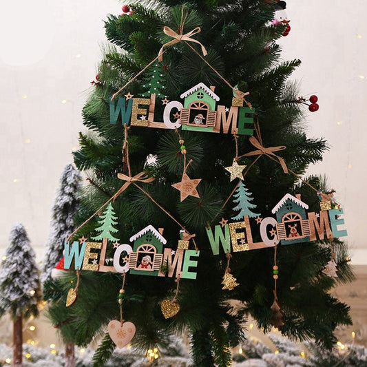 Splendas Christmas welcome sign wooden ornament hanging on decorated Christmas tree