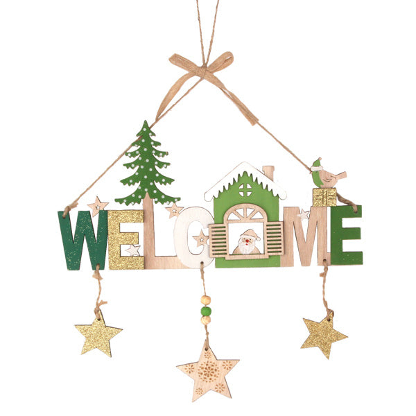 Splendas wooden Christmas welcome sign ornament with green tree and hanging stars display