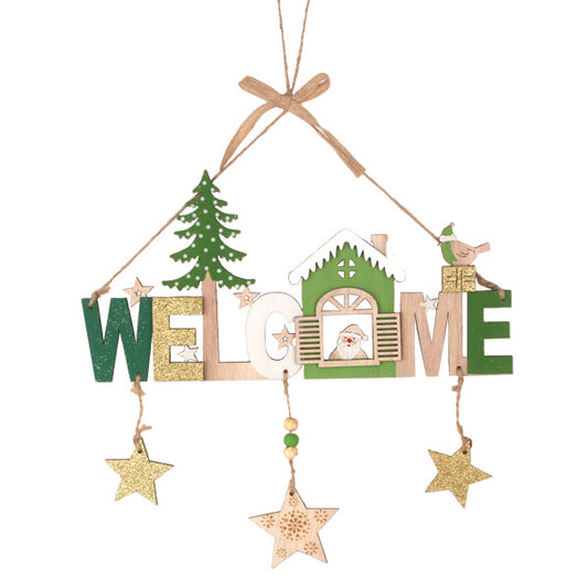 Splendas wooden Christmas welcome sign ornament with green tree and hanging stars display