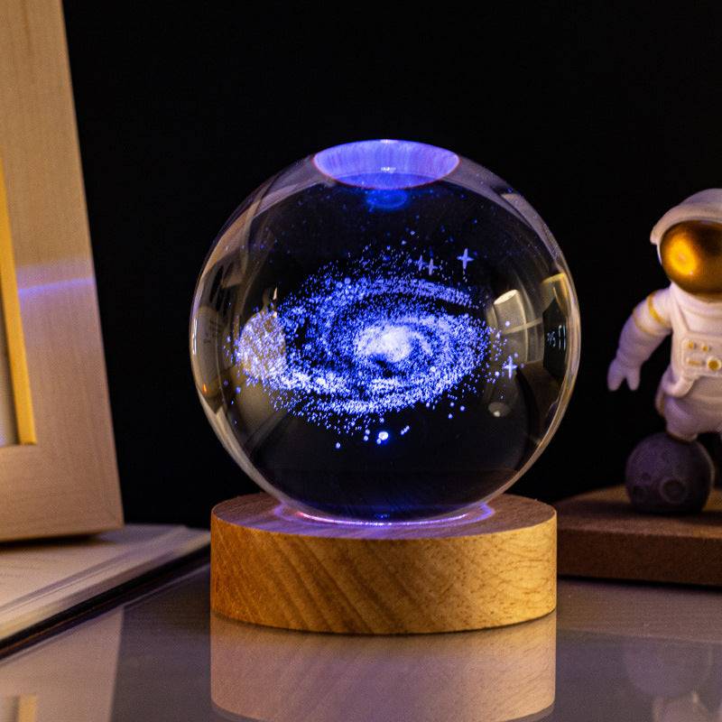 Splendas crystal ball night light with Milky Way 3D engraving blue LED glow on wooden base
