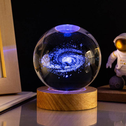 Splendas crystal ball night light with Milky Way 3D engraving blue LED glow on wooden base