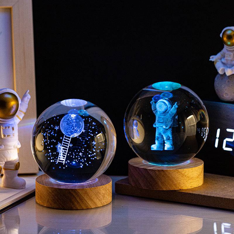 Splendas crystal ball night light multiple 3D engraved designs display on wooden base