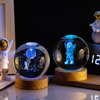 Splendas crystal ball night light multiple 3D engraved designs display on wooden base