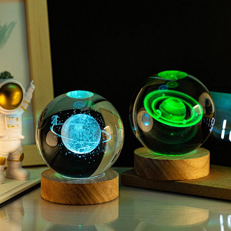 Splendas crystal ball night light with solar system 3D engraving green LED glow display