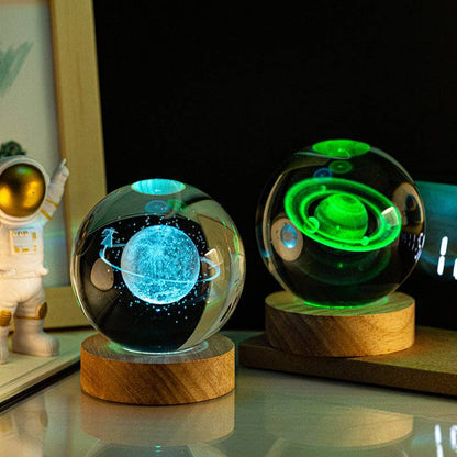 Splendas crystal ball night light with solar system 3D engraving green LED glow display