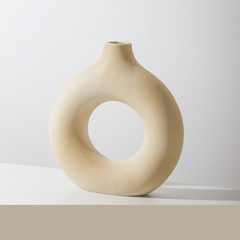 Splendas frosted ceramic minimalist donut shape porcelain flower vase in beige front view