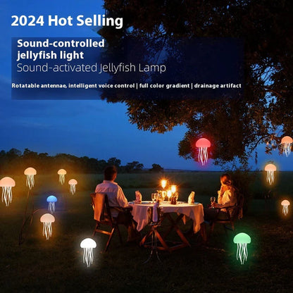 Splendas jellyfish mood lamp in hanging style with base shown in bedroom lifestyle setting