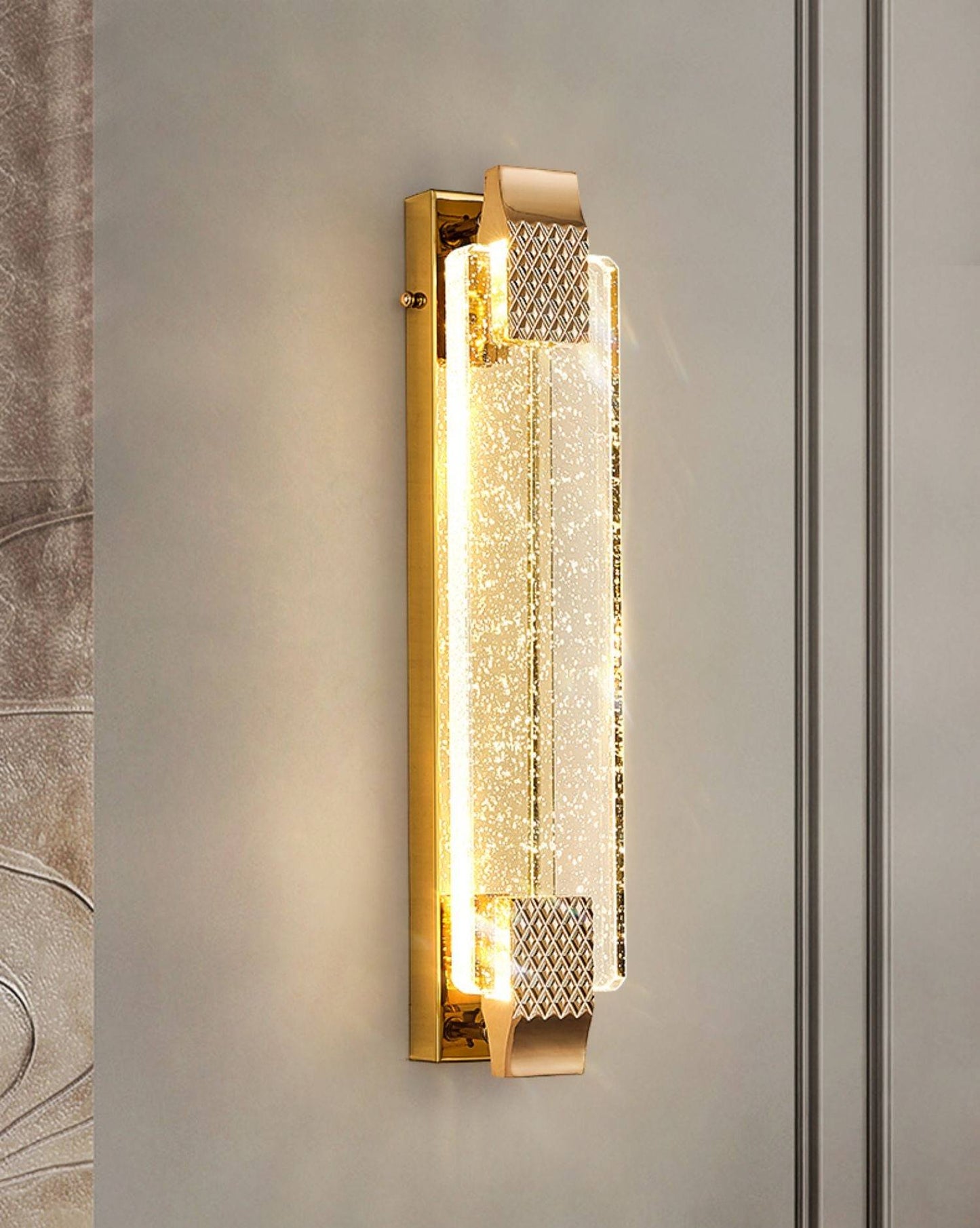 Close up detail of Splendas luxury crystal bubble wall lamp gold frame starry sky effect