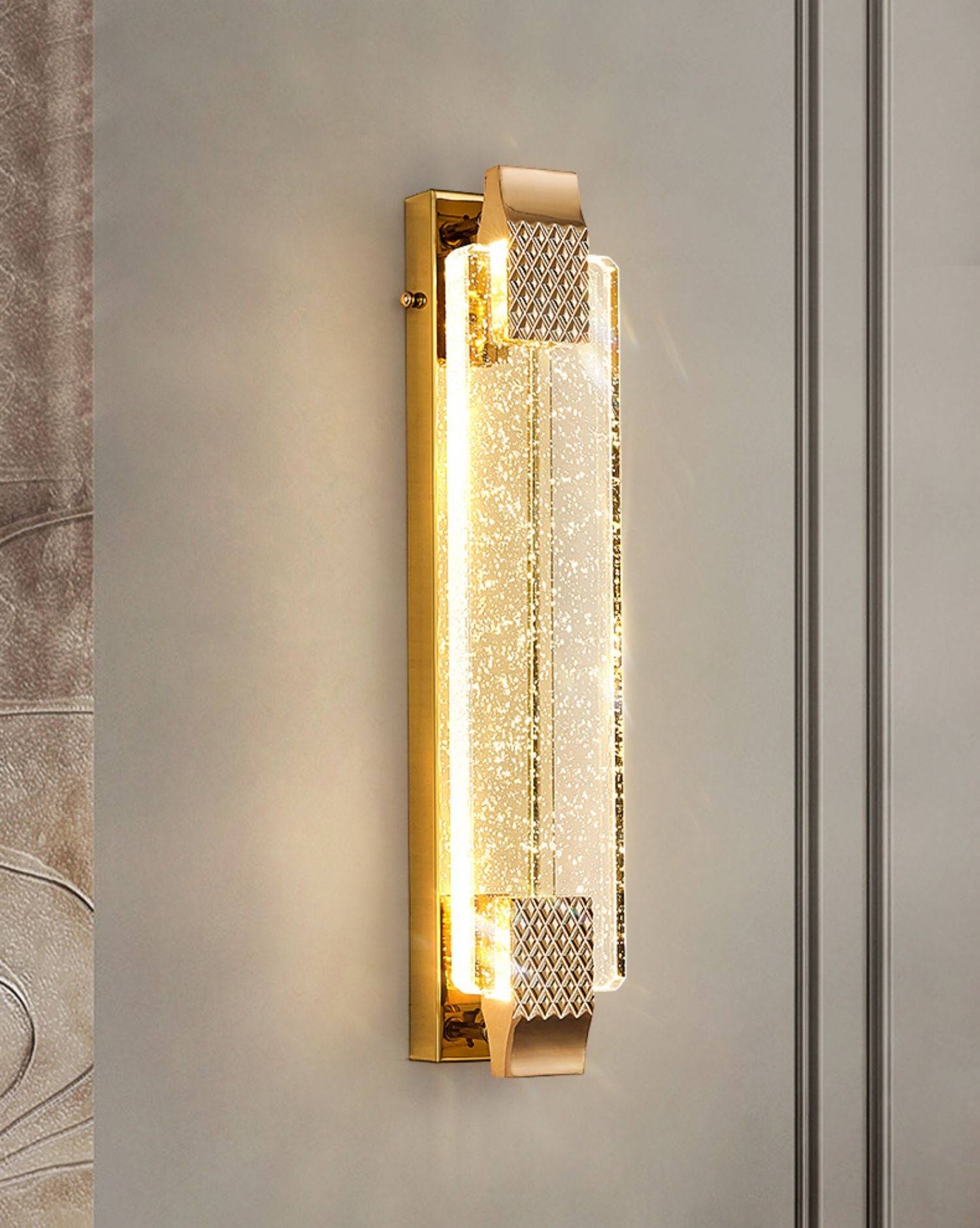 Close up detail of Splendas luxury crystal bubble wall lamp gold frame starry sky effect