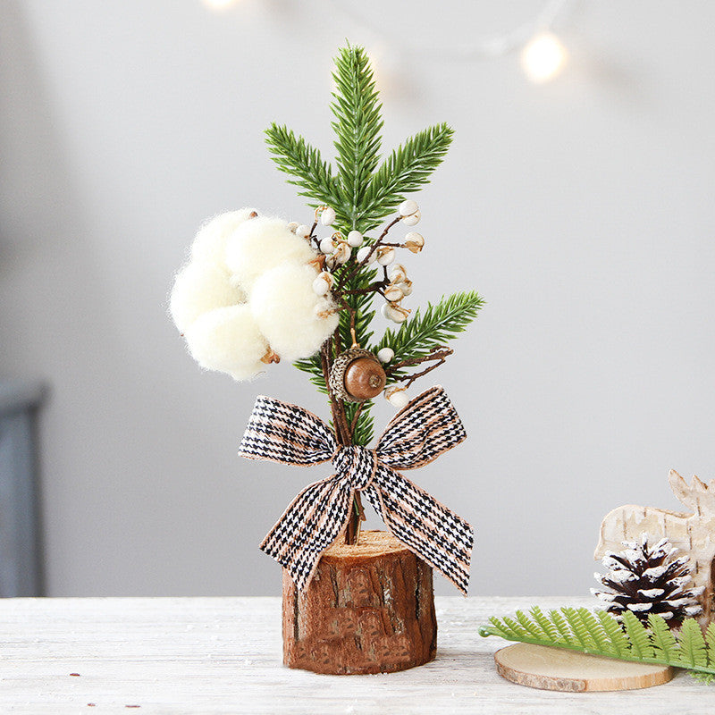Splendas mini artificial potted Christmas tree ornament with cotton money design on natural wood base