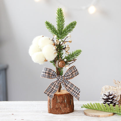 Splendas mini artificial potted Christmas tree ornament with cotton money design on natural wood base