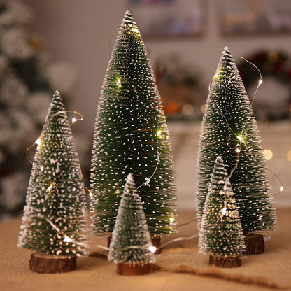 Close up of Splendas mini white cedar snow frosted Christmas pine tree ornament on wooden base