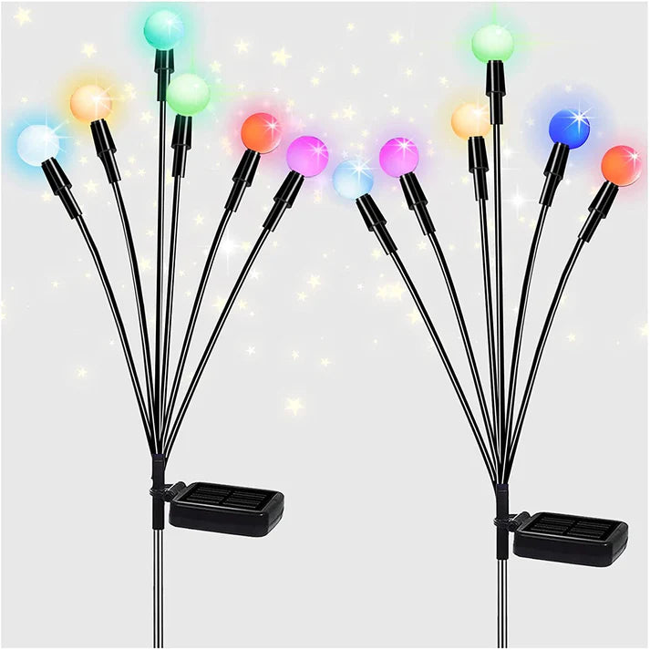 Splendas outdoor solar firefly garden light with 6 colorful swing head LED bulbs on display