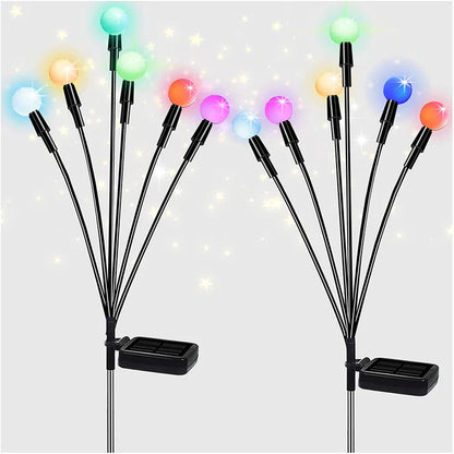 Splendas outdoor solar firefly garden light with 6 colorful swing head LED bulbs on display