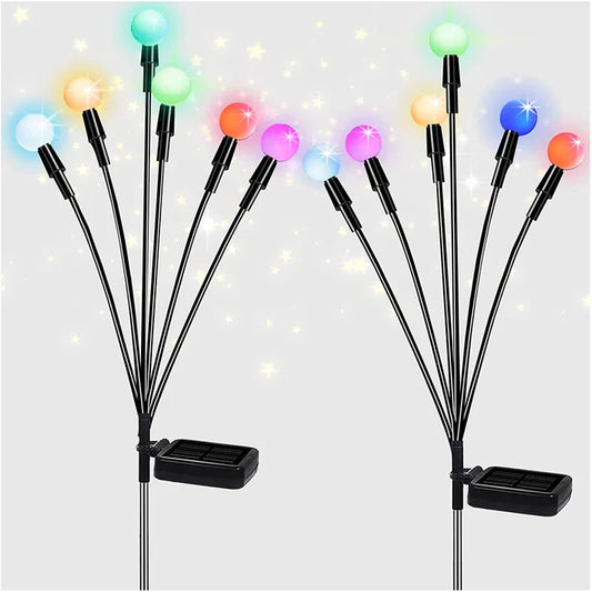Splendas outdoor solar firefly garden light with 6 colorful swing head LED bulbs on display