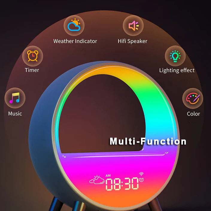 Splendas 6 in 1 smart alarm clock showing multiple RGB color atmosphere modes display