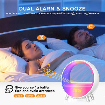 Splendas 6 in 1 smart alarm clock showing weather forecast and humidity measurement display