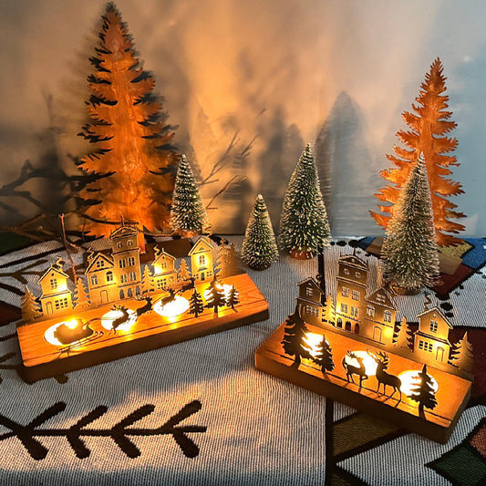 Splendas wrought iron Christmas tree candle holder with wooden base full display view