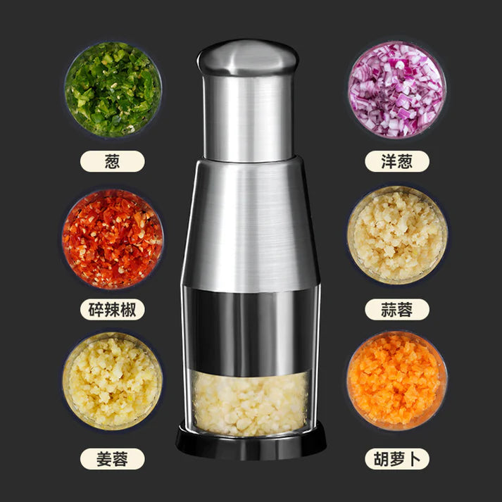 Manual stainless steel garlic press chopper with chopped garlic ginger onion