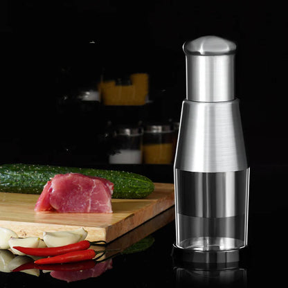 Stainless steel manual garlic press side view product shot