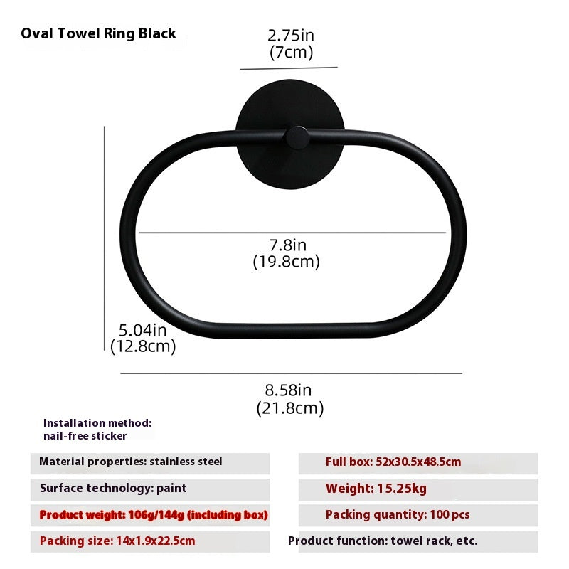 All four options of the stainless steel wall towel ring laid flat showing round oval silver black
