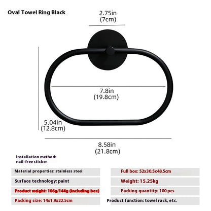 All four options of the stainless steel wall towel ring laid flat showing round oval silver black
