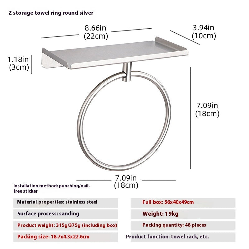 Mounting hardware included with the stainless steel wall towel ring laid out beside the ring

