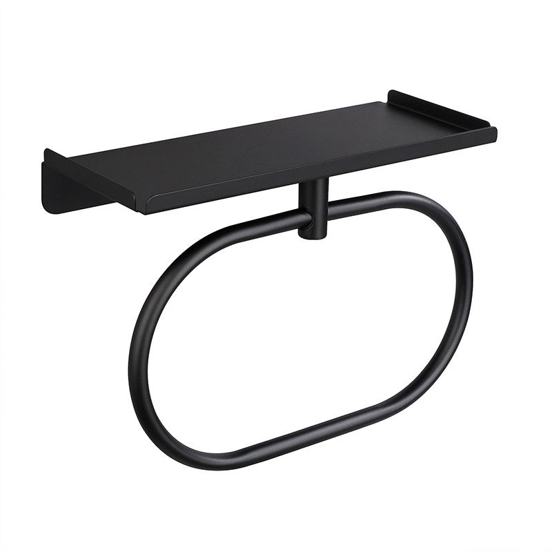 Matte black oval stainless steel wall mounted towel ring with a folded bath towel on it
