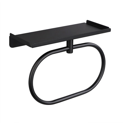Matte black oval stainless steel wall mounted towel ring with a folded bath towel on it
