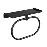 Matte black oval stainless steel wall mounted towel ring with a folded bath towel on it