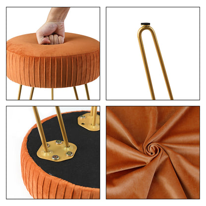 Compact striped metal stool used in a home entryway as a seat for putting on shoes
