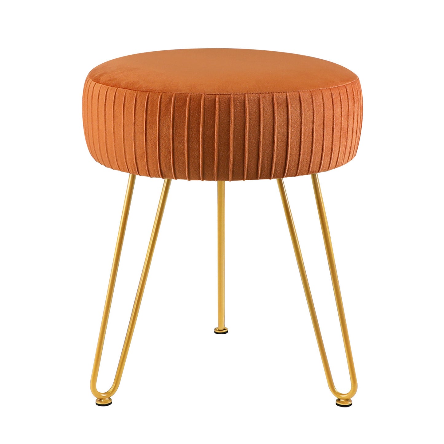 Close-up of the neutral chocolate tone striped fabric top on the metal footstool
