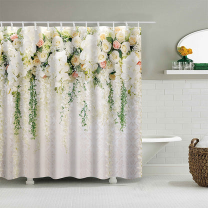Thick heavy duty waterproof shower curtain hanging straight on a rod in a white bathroom
